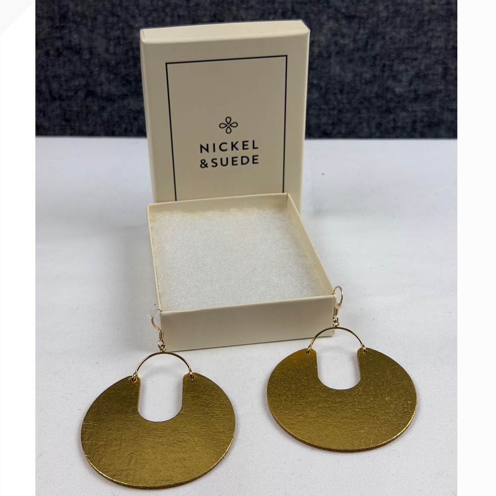 Nickel & Suede Gold Textured Leather Horseshoe Statement Earrings w/ Box